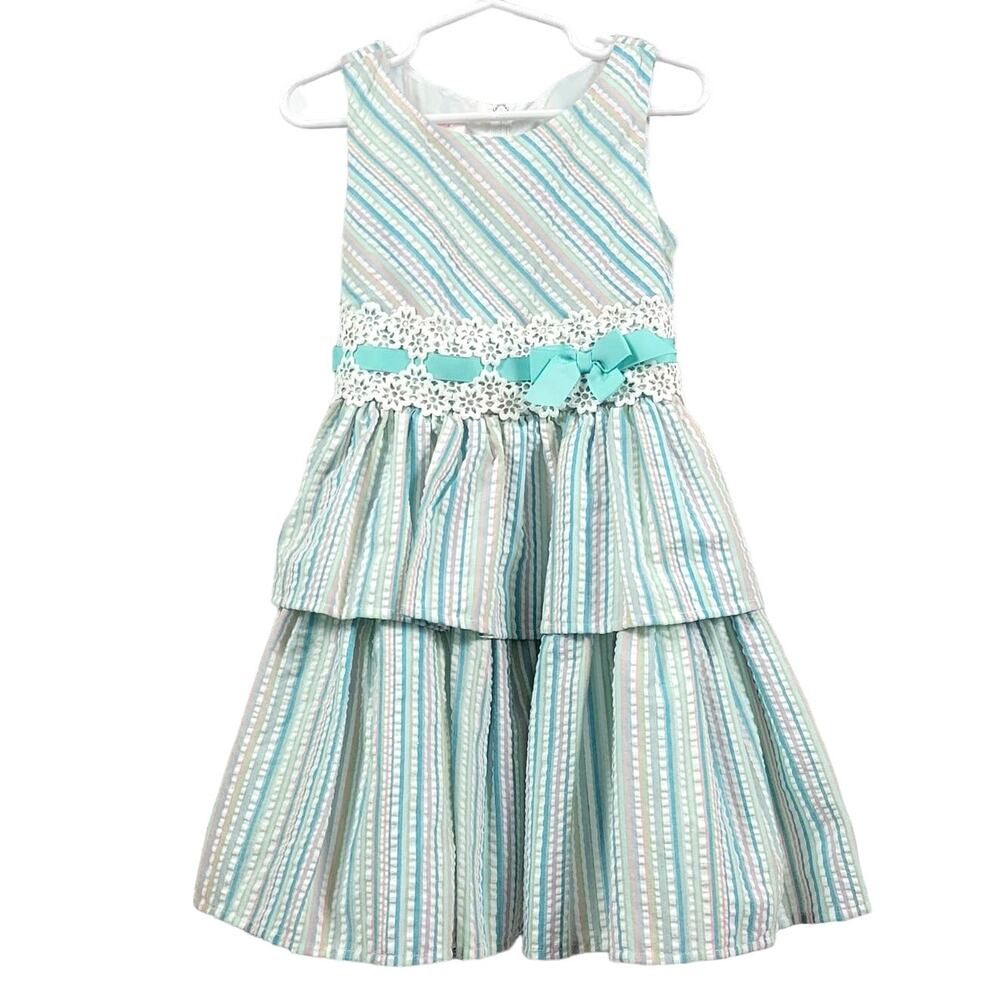 Bonnie Jean Striped Seersucker Dress with Ribbon/Lace Accent‎ Sz. 4 NWT